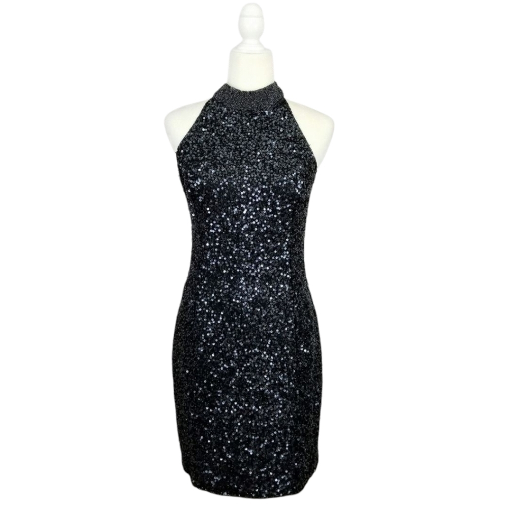 Stenay vintage black sequined halter mini form fitting dress women's size 10